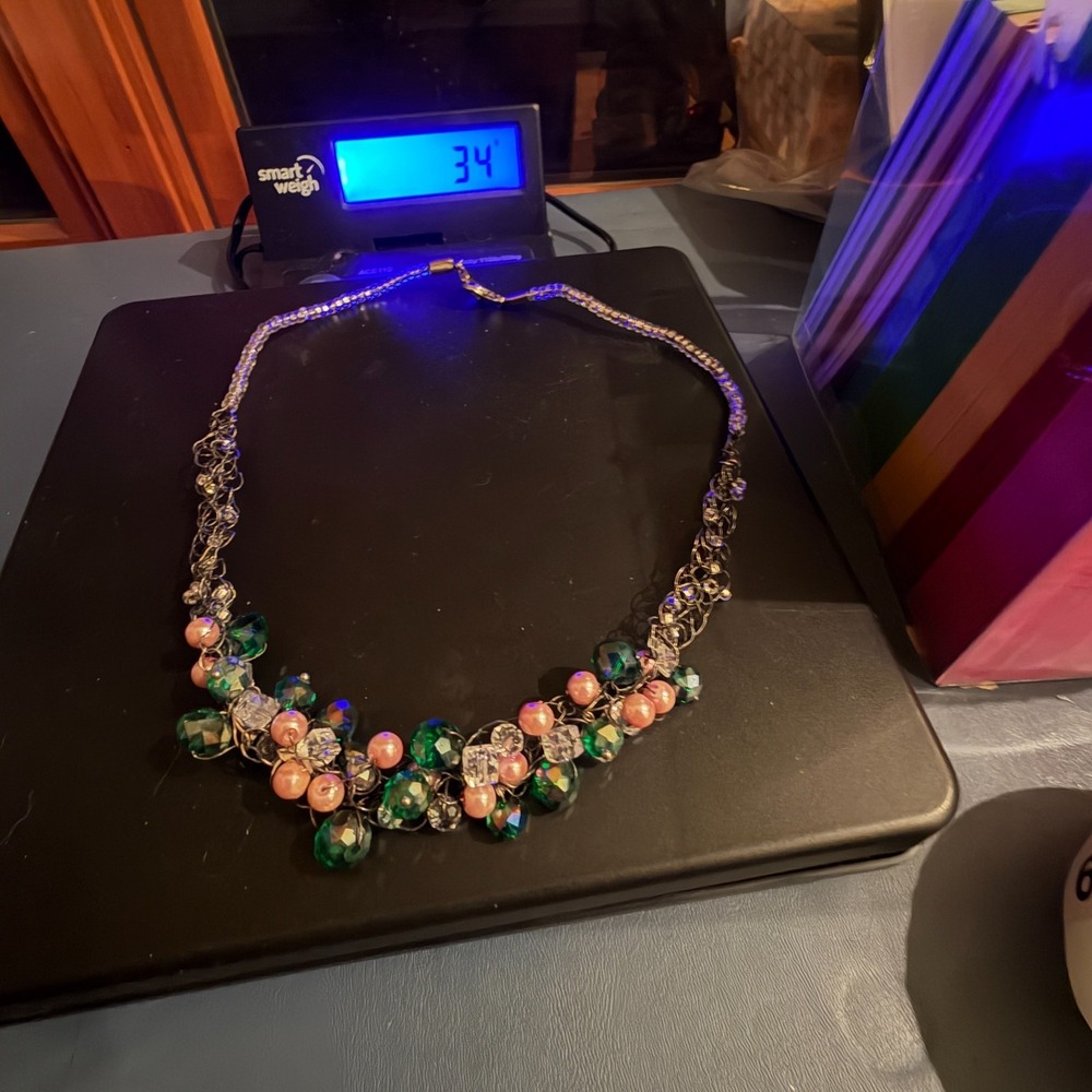 Handmade Wire Crochet Beaded Necklace Green Facet Crystal Pink Pearl Fringe 18" - Picture 13 of 15